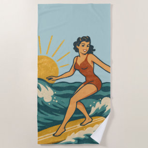 Retro California Pin-Up Surfer   Blue Surf Graphic Beach Towel