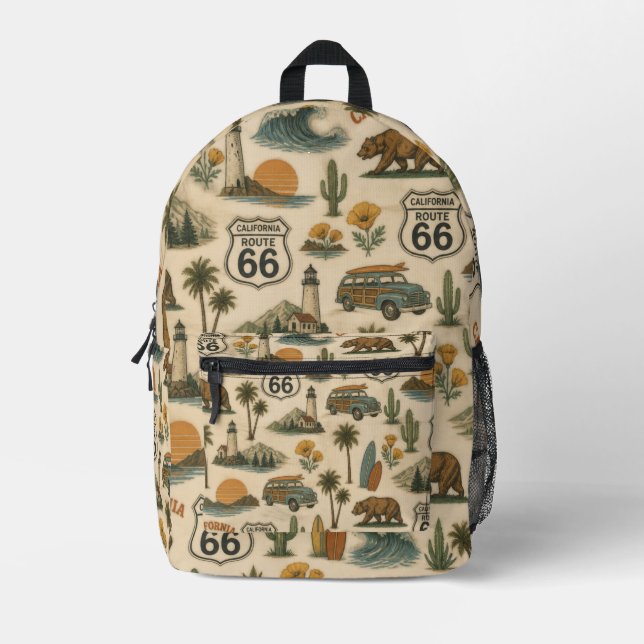 Retro California Route 66 Coastal Journey Printed Backpack (Front)