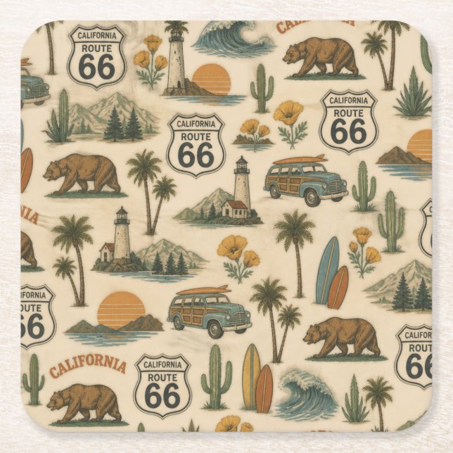 Retro California Route 66 Tabletop Escape Square Paper Coaster (Front)