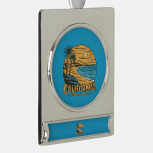 Retro California Sunset Beach Scene Silver Plated Banner Ornament