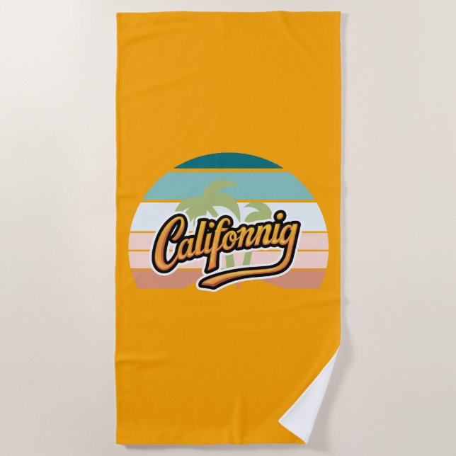 Retro California Sunset Typography T-Shirt Beach Towel (Front)