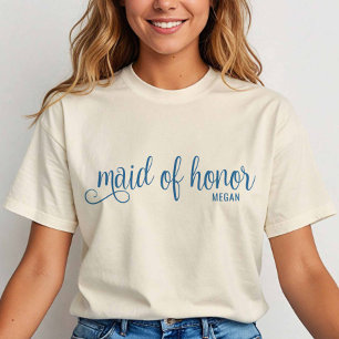 Retro Calligraphy Blue Script Maid of Honor T-Shirt