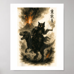Retro Calligraphy Cat Dinosaur Volcanic Eruption A Poster