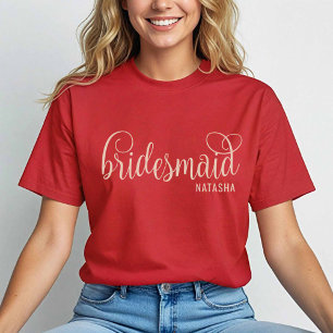 Retro Calligraphy Natural on Red Bridesmaid T-Shirt