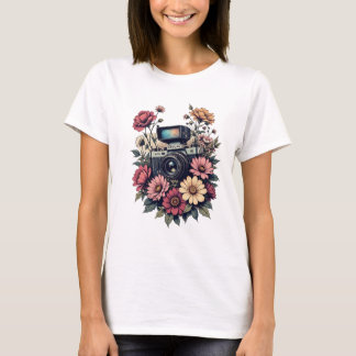 Retro Camera and Floral Art   T-Shirt