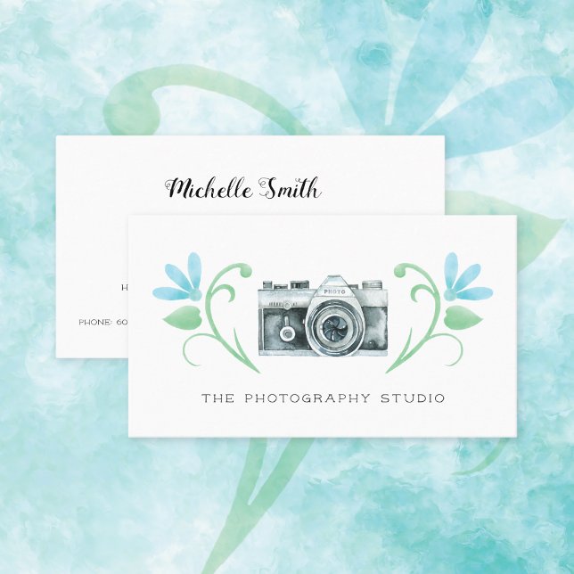 Retro Camera Blue Flowers Photography Business Card (Creator Uploaded)