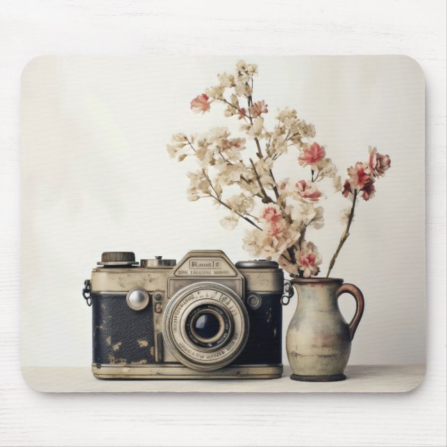 Retro Camera Flowers Mouse Mat (Front)