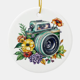 Retro Camera in Vintage Flowers Christmas Ceramic Tree Decoration