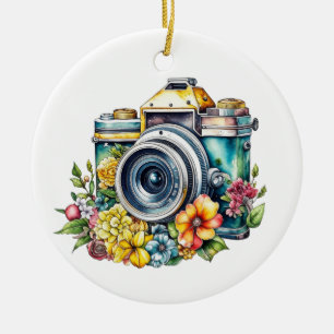 Retro Camera in Vintage Flowers Christmas Ceramic Tree Decoration