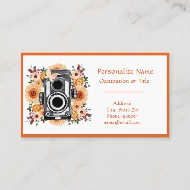Retro Camera Orange Floral Photograph Photographer Business Card (Front)