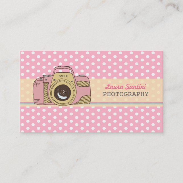 Retro Camera Photography Polka Dot Business Cards (Front)