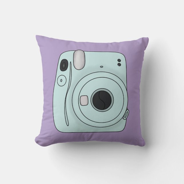 Retro Camera Throw Pillow – Fun Purple Aesthetic (Front)