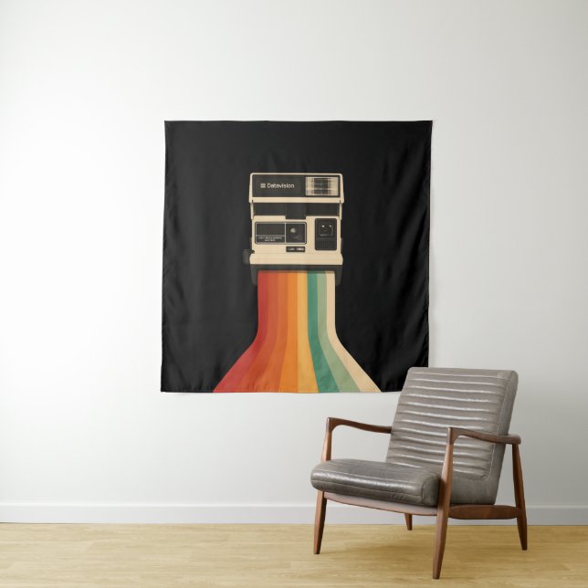 Retro Camera with Rainbow Print Tapestry (In Situ)