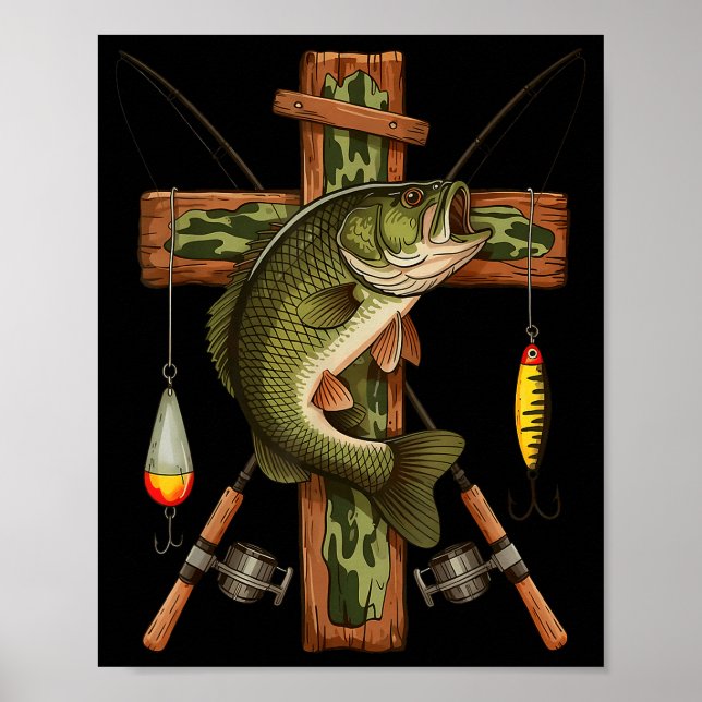 Retro Camo Cross Fishing Rod Hook B Christian Fish Poster (Front)