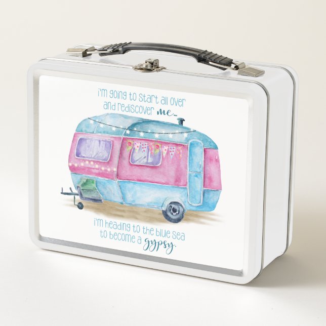 Retro Camper Caravan Blue | Pink & White Glamper Metal Lunch Box (Front)