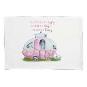 Retro Camper Caravan Pink and White Pillow Case