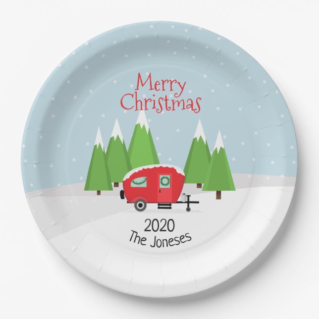 Retro Camper Christmas Paper Plate (Front)