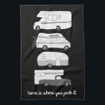 Retro Camper Motorhome RV Vanlife Black White Tea Towel<br><div class="desc">Home is where you park it! 
Decorate your kitchen with this cool towel. Makes a great housewarming or anniversary gift! 
You can customise it and add text too.
Check my shop for lots more colours and patterns plus matching kitchen stuff!</div>