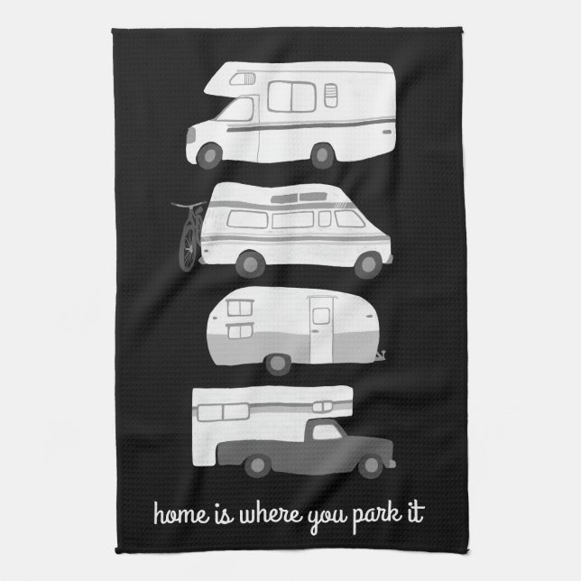 Retro Camper Motorhome RV Vanlife Black White Tea Towel (Vertical)