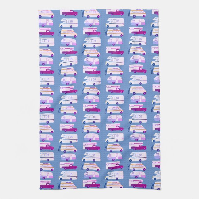 Retro Camper Motorhome RV Vanlife Blue Purple Tea Towel (Vertical)