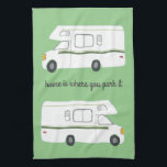 Retro Camper Motorhome RV Vanlife Green Tea Towel<br><div class="desc">Decorate your kitchen with this cool towel. Makes a great housewarming or anniversary gift! 
You can customise it and add text too.
Check my shop for lots more colours and patterns plus matching kitchen stuff!</div>