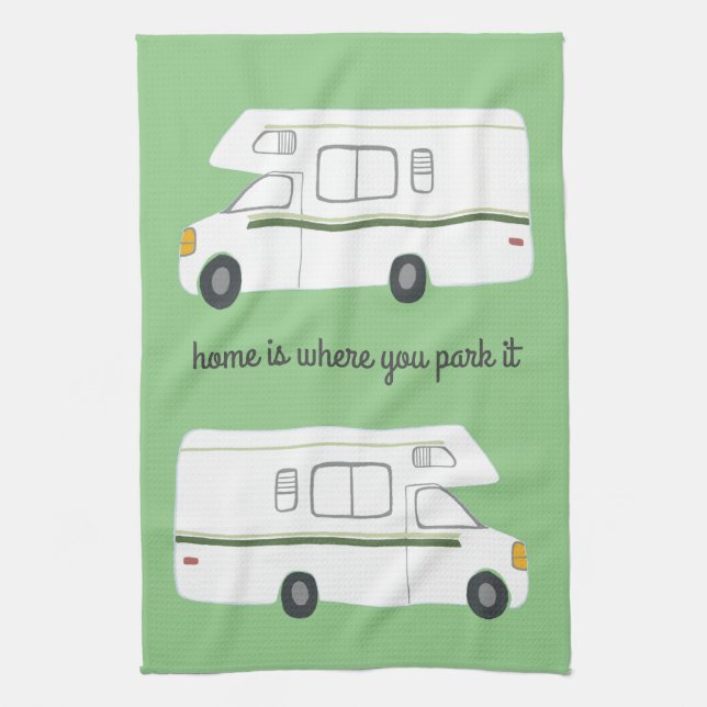 Retro Camper Motorhome RV Vanlife Green Tea Towel (Vertical)
