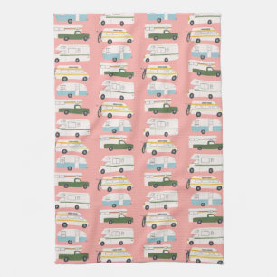 Retro Camper Motorhome RV Vanlife Pink Tea Towel