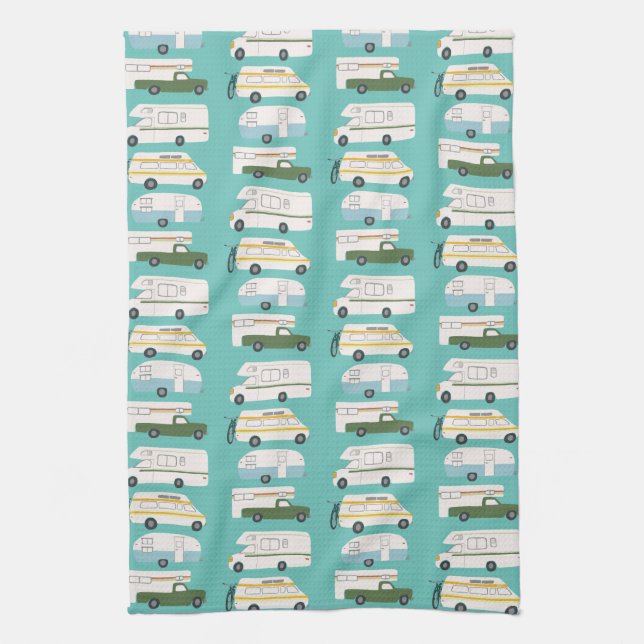 Retro Camper Motorhome RV Vanlife Teal Tea Towel (Vertical)