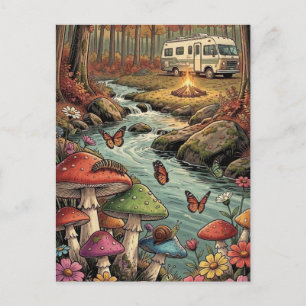 Retro Camper, Mushrooms, Stream and Flowers Postcard