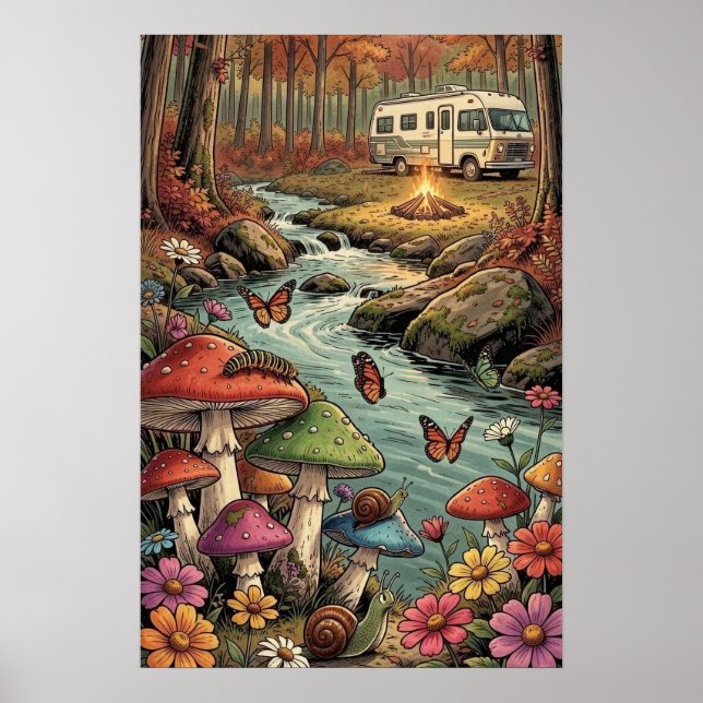 Retro Camper, Mushrooms, Stream and Flowers Poster (Front)