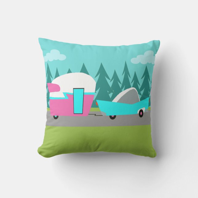 Retro Camper / Trailer and Car Outdoor Pillow (Front)