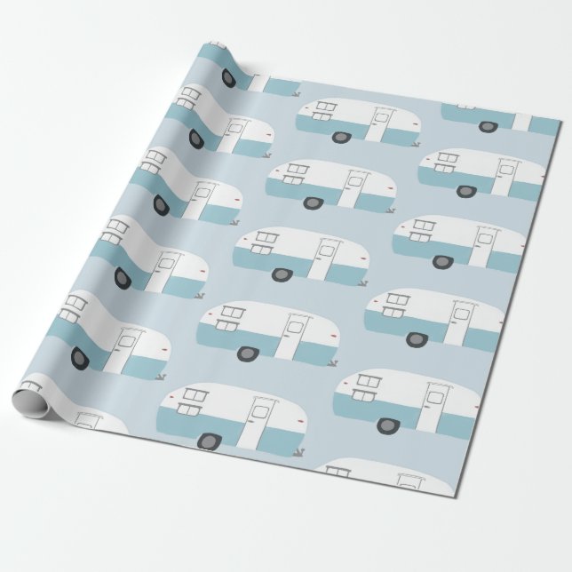 Retro Camper Trailer blue wrapping paper (Unrolled)