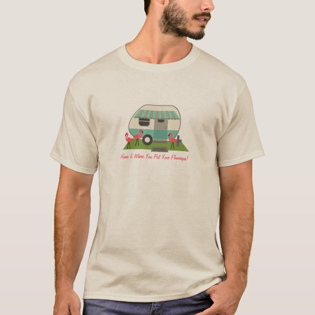 Retro Camper / Trailer & Pink Flamingos T-Shirt (Front)