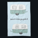 Retro Camper Trailer RV Motorhome Blue Tea Towel<br><div class="desc">Decorate your kitchen with this cool towel. Makes a great housewarming or anniversary gift! 
You can customise it and add text too.
Check my shop for lots more colours and patterns plus matching kitchen stuff!</div>