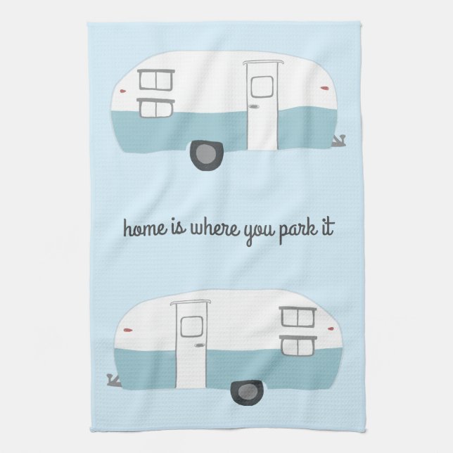 Retro Camper Trailer RV Motorhome Blue Tea Towel (Vertical)
