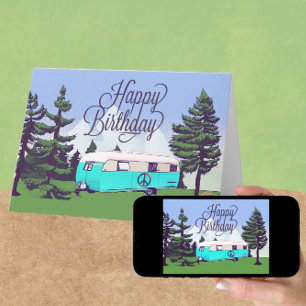 Retro Camper Trailer with Mountain View Birthday Card