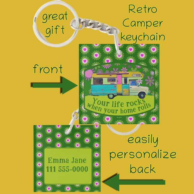 Retro Camper Van Life Rocks Fun Mod Flowers Key Ring (Retro camper van keychain.
What a great gift!)