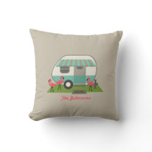 Retro Camper With Flamingos Pillow