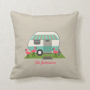 Retro Camper With Flamingos Pillow