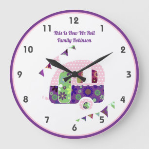 Retro Campervan Purple Pink Hippy Shabby Chic Large Clock