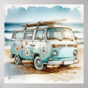 Retro Campervan With Hippie Flowers and Surfboard Poster