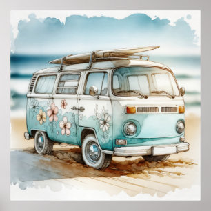 Retro Campervan With Hippie Flowers and Surfboard Poster