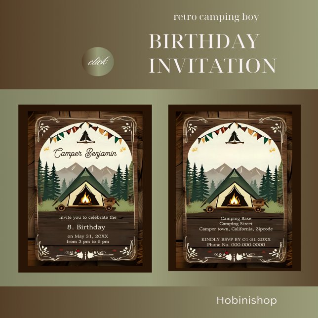 retro camping birthday boy invitation (retro camping boy birthday invitation)
