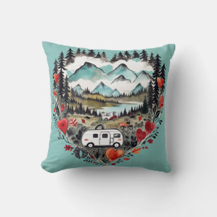 Retro Camping Heart Watercolor Cushion