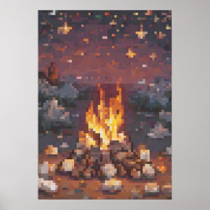 Retro Camping Pixel Art Design - Glowing Campfire  Poster