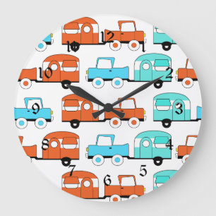 Retro Camping Trailer Turquoise Orange Vintage Car Large Clock