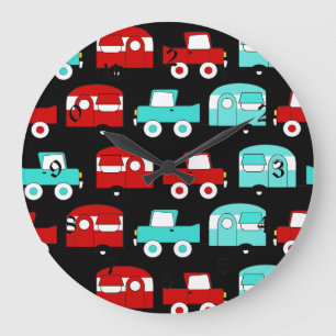 Retro Camping Trailer Turquoise Red Vintage Cars Large Clock