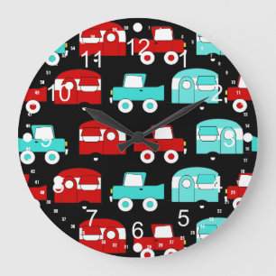 Retro Camping Trailer Turquoise Red Vintage Cars Large Clock