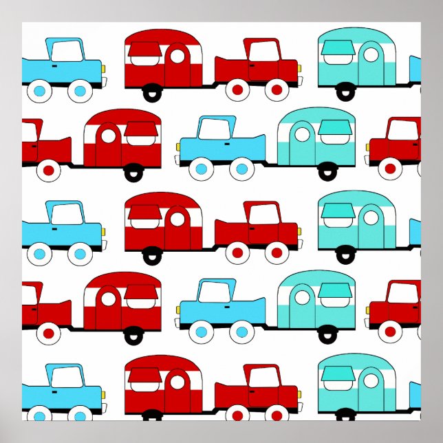 Retro Camping Trailer Turquoise Red Vintage Cars Poster (Front)