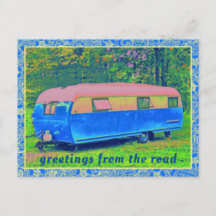 Retro Camping Trailer with Vintage Floral Frame Postcard
